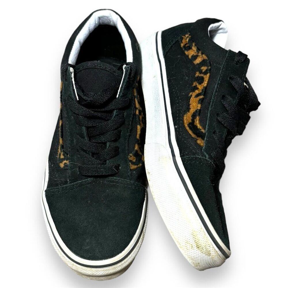 Vans Old Skool Low Top Sneakers Black Leopard Print Suede Teens Size 3 Lace Up